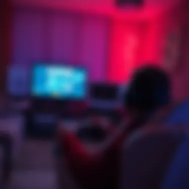 Late-night gaming session A person playing a video game on a console in a dimly lit room with a glowing screen, showcasing an unknown game title.