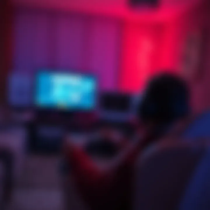 Late-night gaming session A person playing a video game on a console in a dimly lit room with a glowing screen, showcasing an unknown game title.