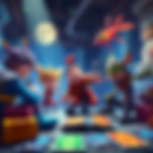 A joyful scene featuring characters from Midnight Suns engaging in humorous interaction with colorful card displays around them.