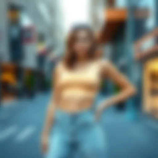 A confident woman wearing a stylish midriff tank top and high-waisted jeans, showcasing body positivity in a trendy urban setting