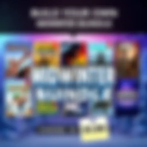 A visual representation of the Build Your Own Midwinter Bundle featuring various game titles including Karate Survivor and Necrosmith 2, with colorful graphics and a price tag showing $1.99.