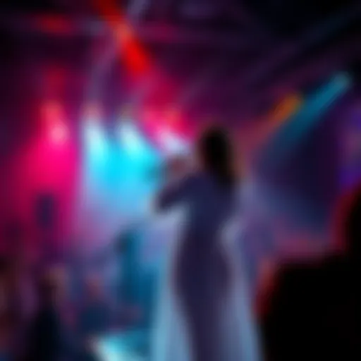 Mikaela captivating the audience during a live performance with bright stage lights and a happy crowd