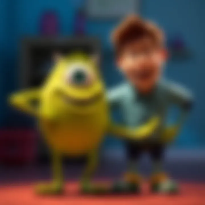 Mike Wazowski and James Sullivan standing side by side, smiling and showcasing their friendship in Monsters, Inc.