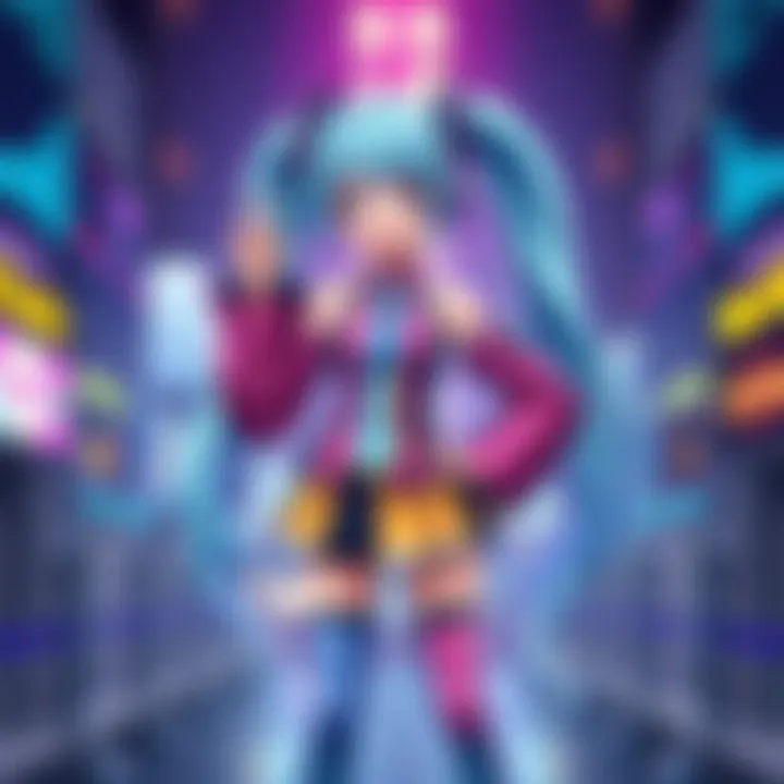 A gaming character named Miku, wearing a colorful and vibrant skin, stands confidently with a cheerful expression