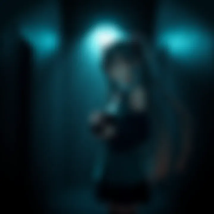 Miku in Fatal Frame 5 Miku stands in a dark, eerie room holding a camera, expressing deep sorrow and contemplation