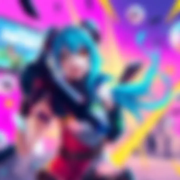 Miku joins the Fortnite battlefield, playfully reloading her weapon with a smile, surrounded by colorful graphics and gaming elements.
