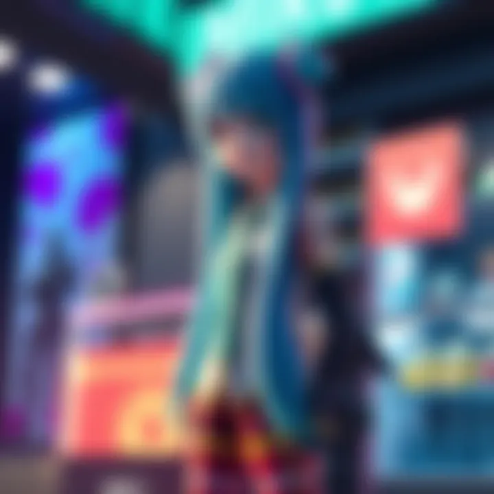 Miku character standing in Fortnite's item shop, colorful background with gaming elements.