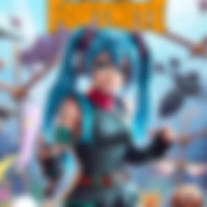 Miku character in a colorful Fortnite environment, surrounded by action and gameplay elements