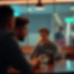 A person sitting at a table with a slight frown, appearing mildly bothered while talking to a friend.