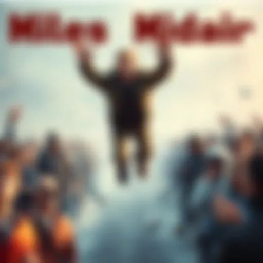 A person named Miles is caught midair, looking surprised and confused as he hovers in an unusual position, with a crowd looking up in shock.