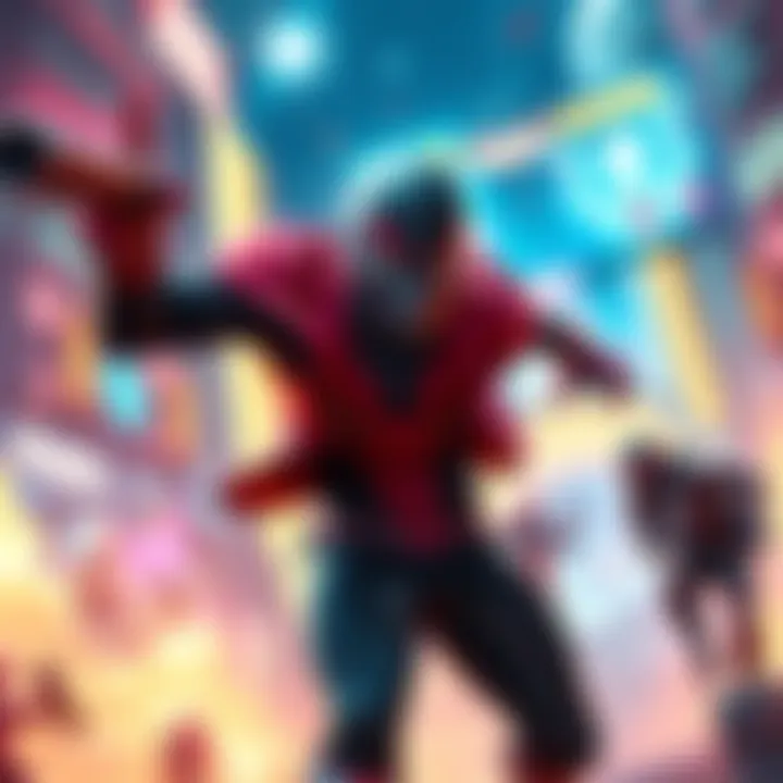Miles Morales showcasing his powers in a vibrant gaming scene, emphasizing his skills and abilities among other characters.