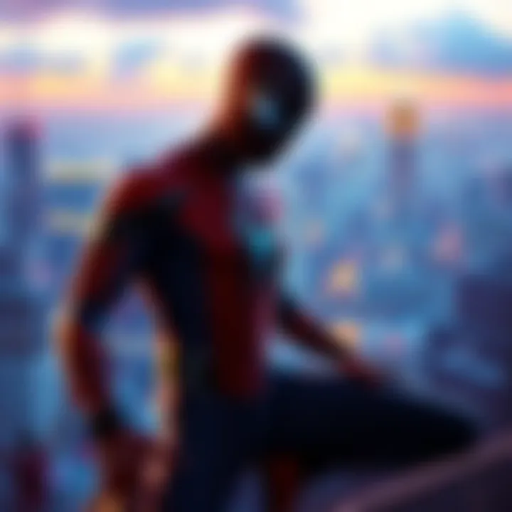 Miles Morales in a dynamic pose wearing his Spider-Man suit, set against a vibrant city skyline with fans cheering in the background.