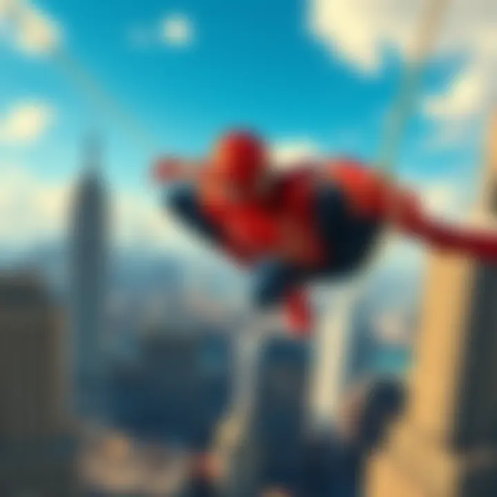 Miles Morales, the Spider-Man character, swings above New York City, showcasing his agility and vibrant suit, with city skyline visible in the background.