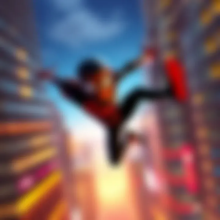 Cartoon character Miles Morales swinging through a city skyline, showcasing a vibrant urban environment.