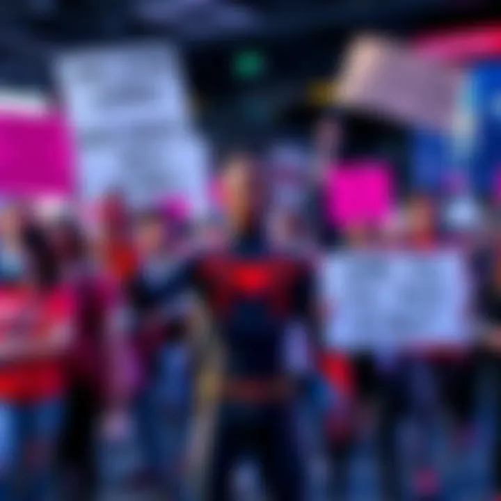 Fans holding banners expressing their dissatisfaction with Miles Morales's voice acting in a gaming event