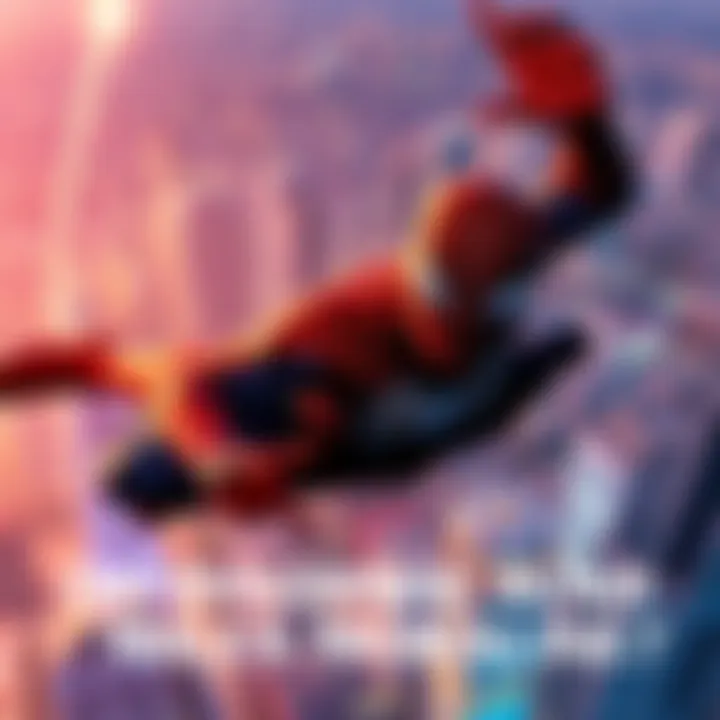 Miles Morales as Spider-Man Miles Morales in his Spider-Man suit swinging through a city skyline