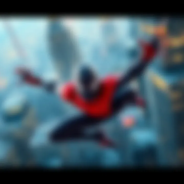 Miles Morales, wearing a red and black suit, swings between skyscrapers in a busy New York City skyline, showcasing his agility and power.