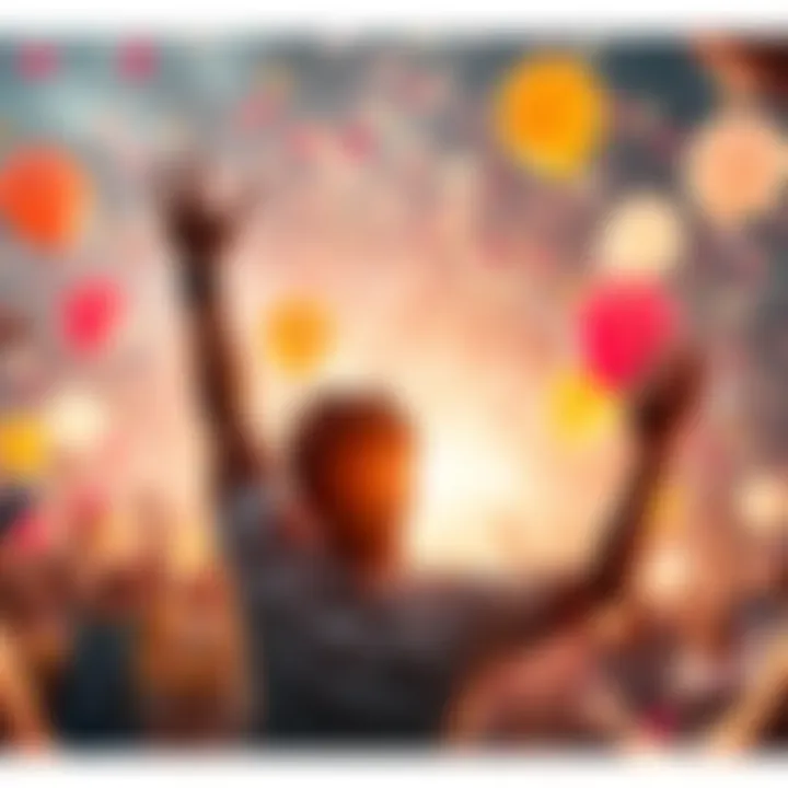 A person celebrating reaching a personal goal with arms raised in joy, with a backdrop of balloons and confetti.