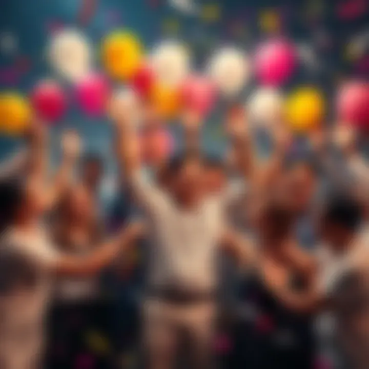 A group of people celebrating their achievement with balloons and confetti in a joyful atmosphere.