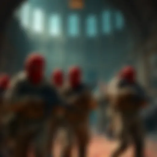 A scene showing soldiers in beige outfits and red balaclavas inside a large, dark mansion, preparing for an intense mission
