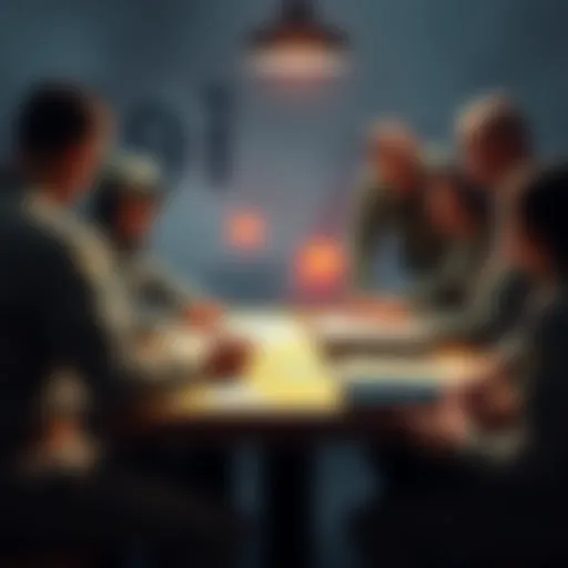 A group of military personnel discussing battle tactics around a table with maps and documents