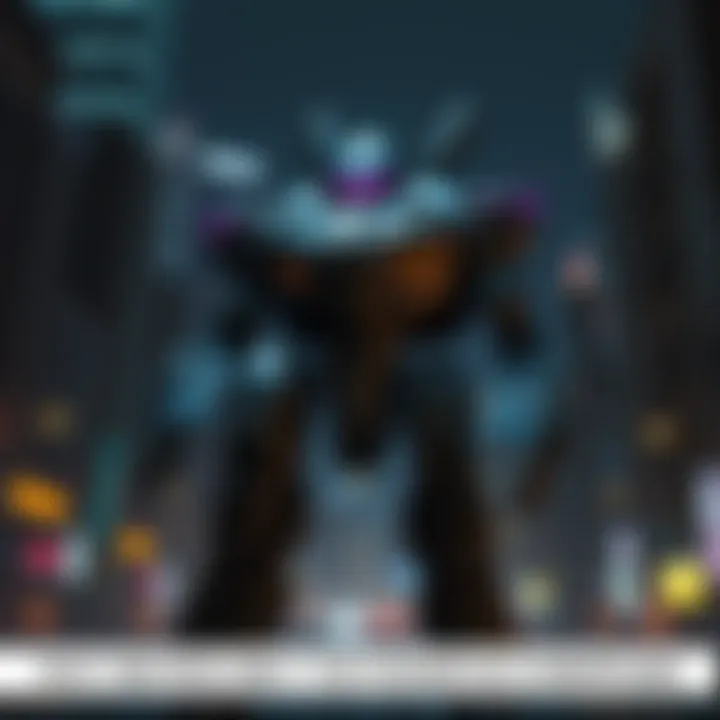 A powerful Militech mech standing in a dark, futuristic Night City, showcasing its high-tech design and armor, contrasting with the city background.