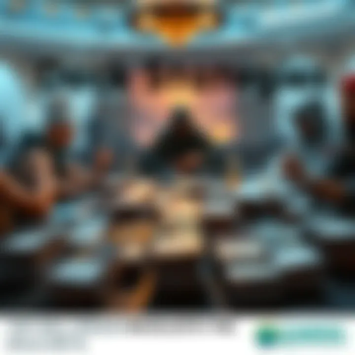 A collection of cards representing Mill Rogue strategies on a gaming table with players in the background.