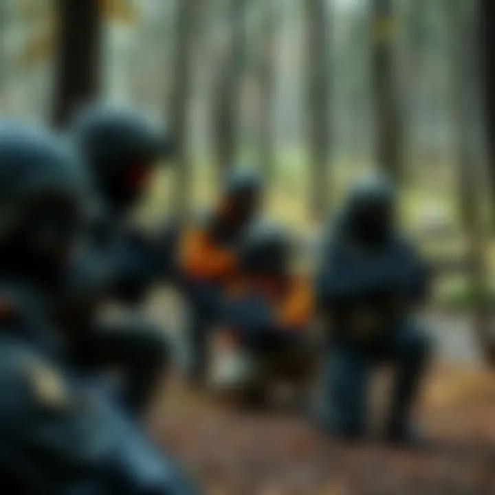 A group of players in tactical gear engaged in a milsim game, strategizing in a wooded area with airsoft guns