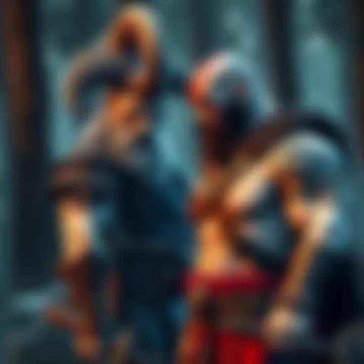 Mimir, a wise head, offers advice to Kratos, the muscular warrior, in a forest setting during their journey.