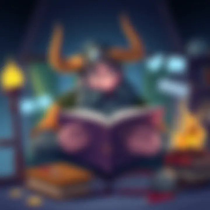 A whimsical illustration of Mimir holding a book with funny expressions, surrounded by playful elements like Thor's diary and humorous tweets.