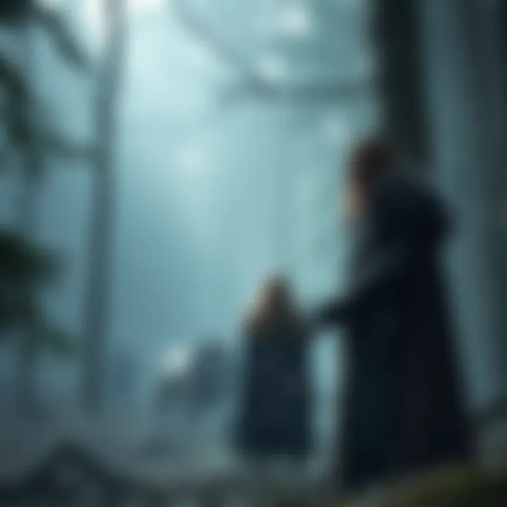 Mimir and Sigrun standing together in a misty forest, engaged in a serious conversation about their journey.