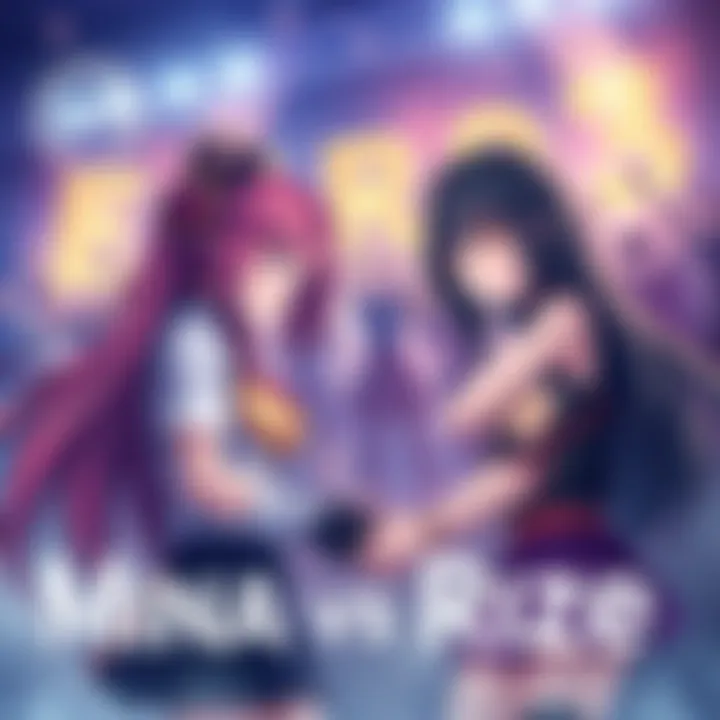 Illustration of Mina preparing for a showdown against Rize in a 2v8 battle scenario, with fans cheering in the background