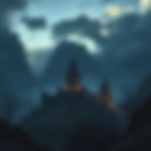 A dark, eerie landscape of Minas Morgul with a glowing castle and towering mountains under a cloudy sky
