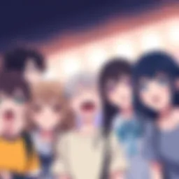 A group of anime-style characters with bright expressions, showing a transition from cheerful to shocked faces, representing the contrast in gameplay from wholesome to dark twists.