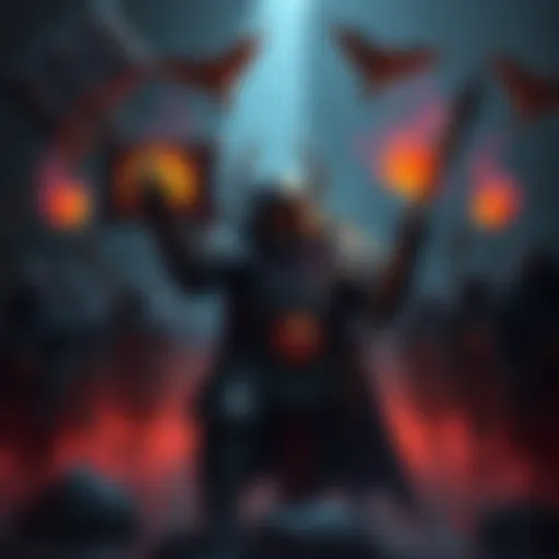 A blacksmith NPC wearing dark armor with a glowing hammer, leading a shadowy army in a subterranean setting, showcasing his mind control powers.
