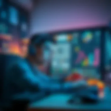 A MindsEye developer looking surprised while working on a computer, with game design elements visible on the screen.