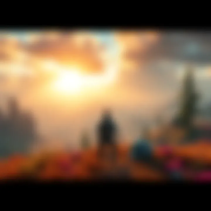 Art showcasing an open-world adventure landscape with a character exploring a vibrant environment