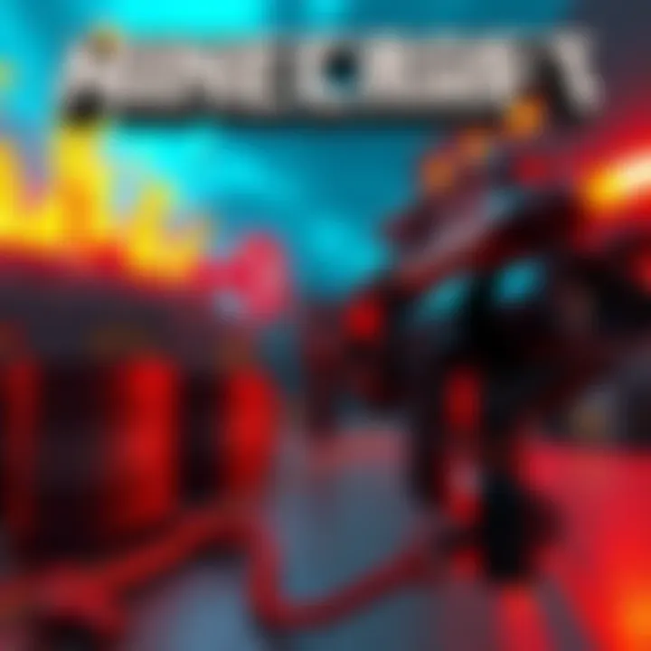 Minecraft gameplay featuring burning barrels, colored keys, and a BFG9000 crossbow in a creative setting