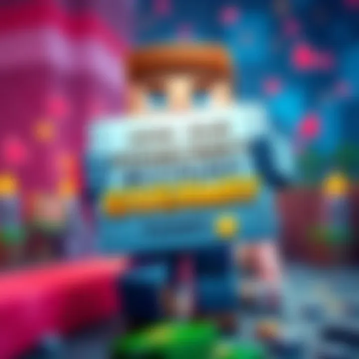 A colorful graphic showing a Minecraft character holding a sign for a giveaway, with comments and likes icons around it.