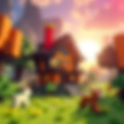 A player creates a colorful house using blocks in Minecraft, surrounded by trees and animals, showcasing creativity and exploration.