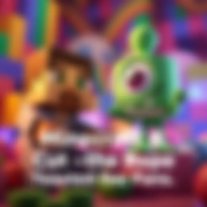 Minecraft blocky character and Cut the Rope green creature interacting in a colorful setting