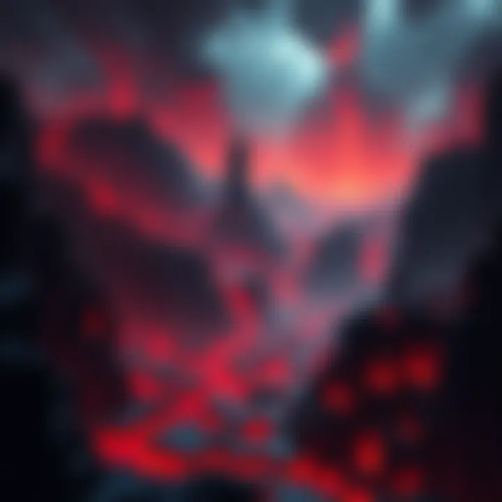 A dark and fiery landscape from Minecraft's Nether, with lava rivers and eerie structures