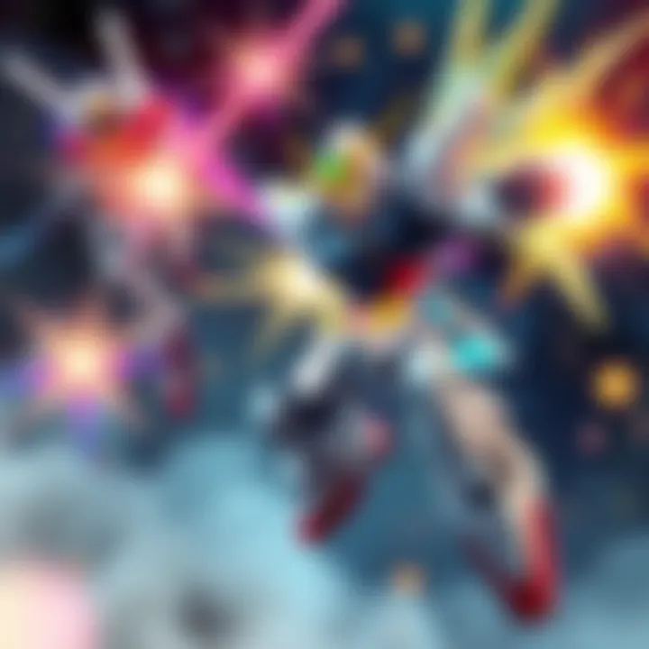 A colorful Mini Gundam character launches an attack against enemies with bright special effects