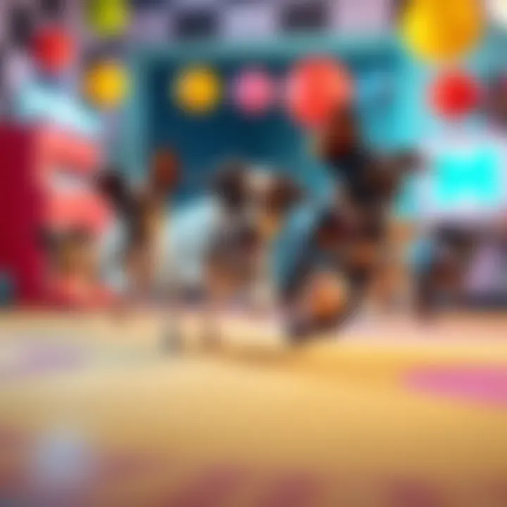 A group of mini hounds playing with a Quickstep item in a colorful environment.