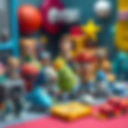 A collection of small characters from various games like Grounded, I Am Fish, and Toy Story 3, set in a playful environment.