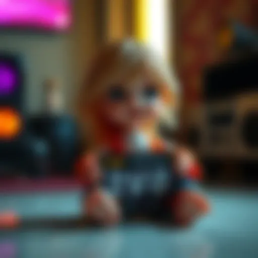 A small, realistic doll representing the new miniature sex doll from 2v8 is displayed with a release date poster.
