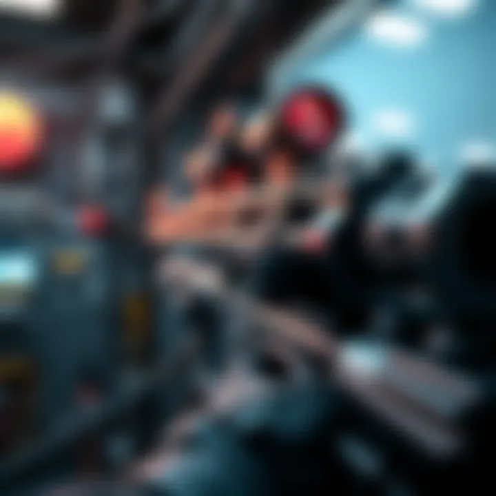 A close-up view of a modern minigun being tested at a tech facility, showcasing its advanced features and design, with a focus on machinery and innovation.