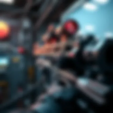 Minigun Technology in Action A close-up view of a modern minigun being tested at a tech facility, showcasing its advanced features and design, with a focus on machinery and innovation.