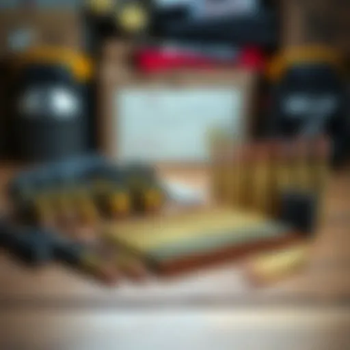 Ammunition for Minimalist Preparedness A selection of different types of ammunition arranged neatly on a wooden table, symbolizing minimalist preparedness