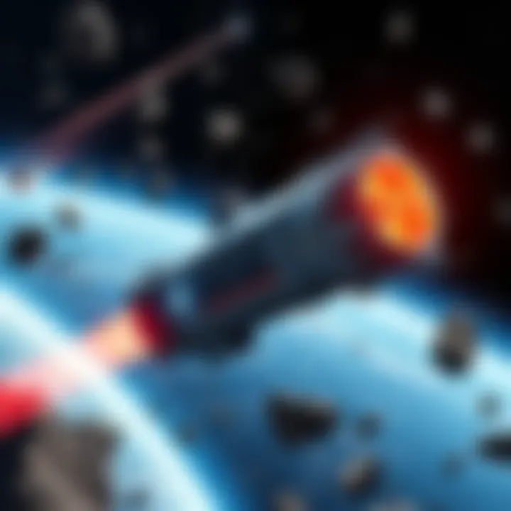 A spaceship mining an asteroid in space, surrounded by floating debris and asteroids, with crew members working on board.